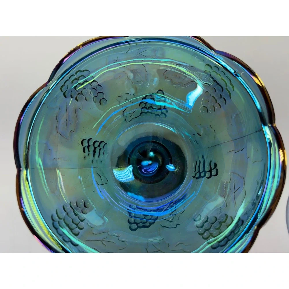 Vtg Carnival Glass HarvestGrape Compote Iridescent TealBlue Candy Dish Lid 9.75